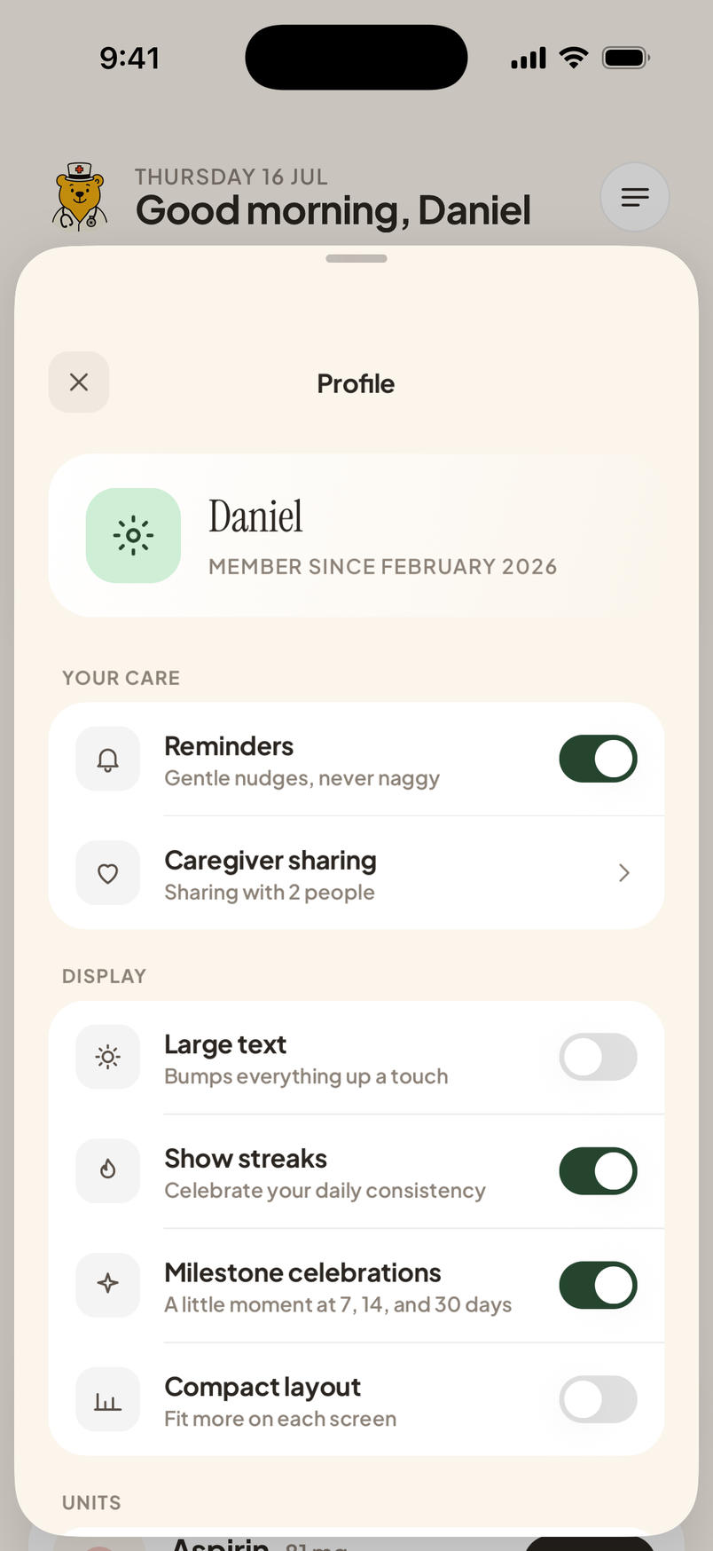MediBear profile screen with caregiver sharing enabled for two family members