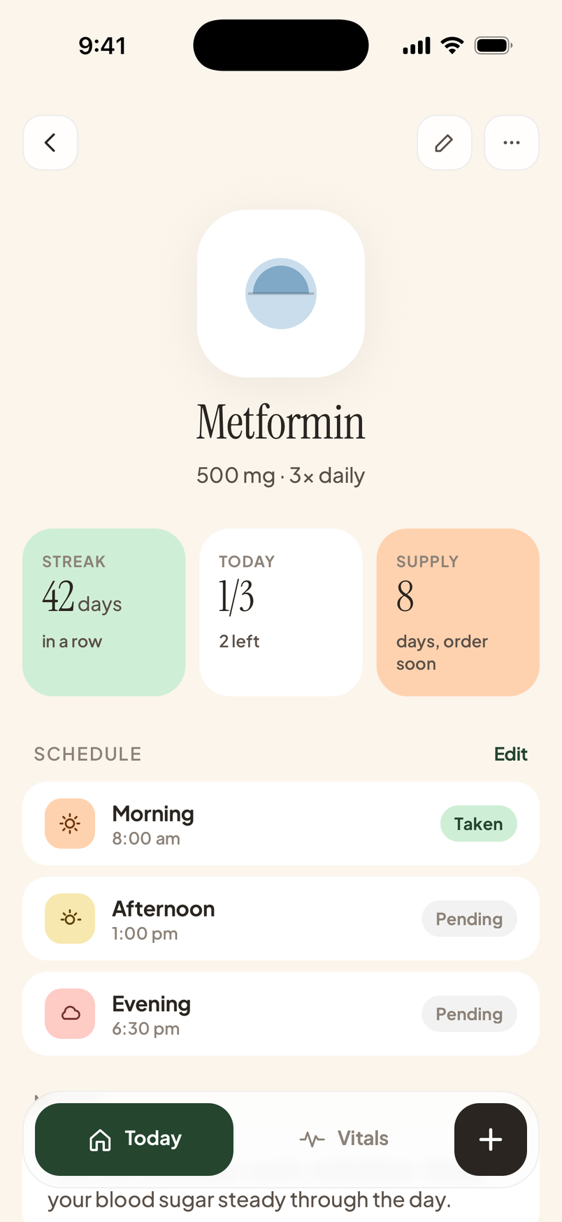 MediBear medication detail screen with streak, doses for today and supply tracking