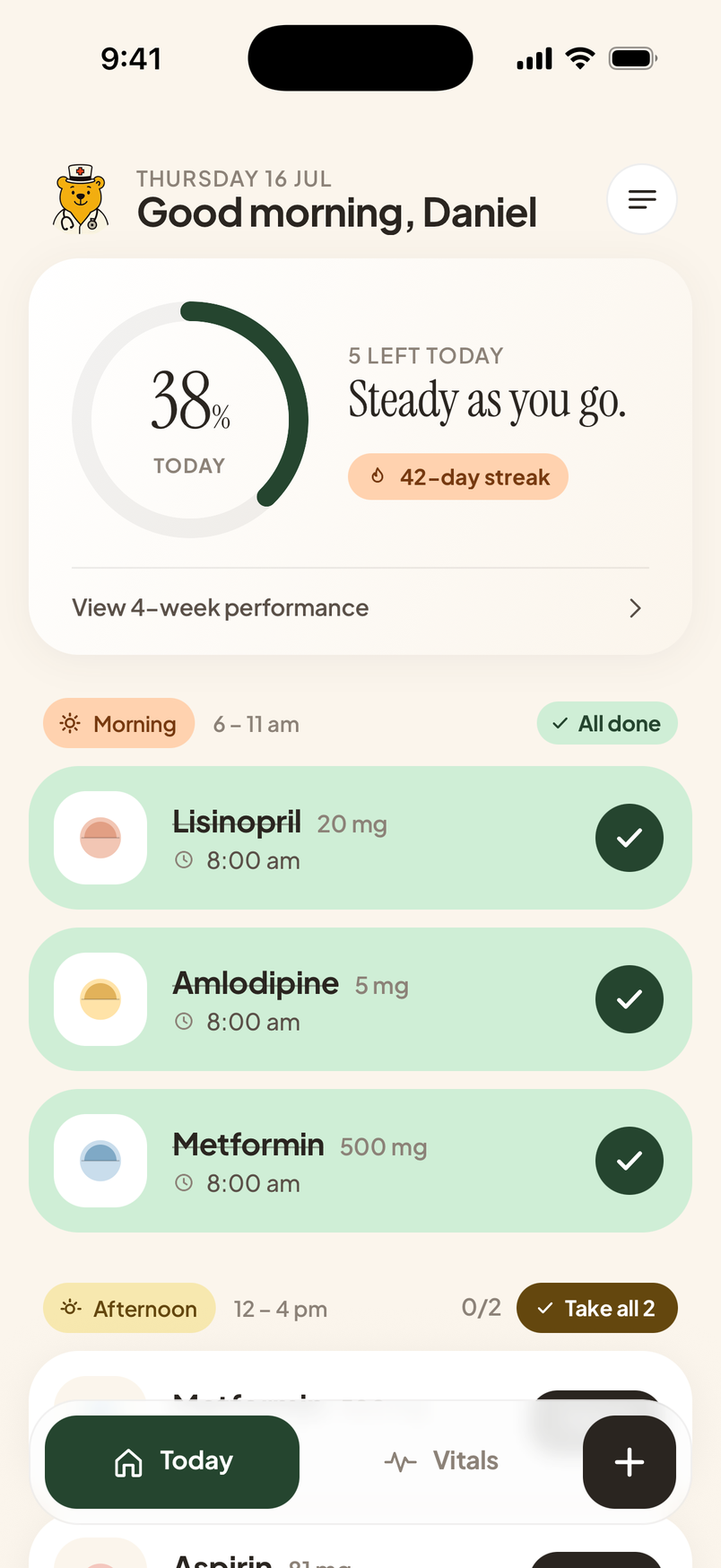 Today screen of the MediBear medication reminder app with the day's doses and progress ring