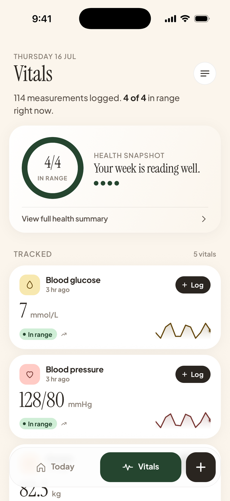 Vitals dashboard with blood glucose and blood pressure charts in the MediBear app