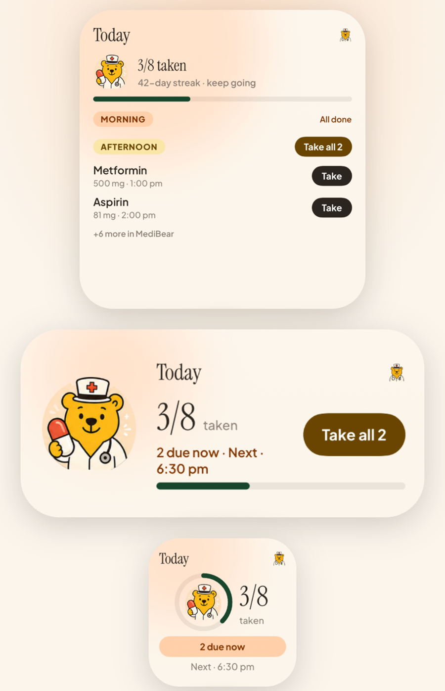 MediBear home-screen widgets in three sizes showing doses taken, doses due and a Take all button
